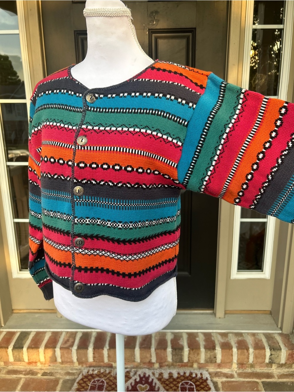 Vintage 90s LizWear multicolored striped cropped knit cardigan southwestern S - Picture 3 of 8